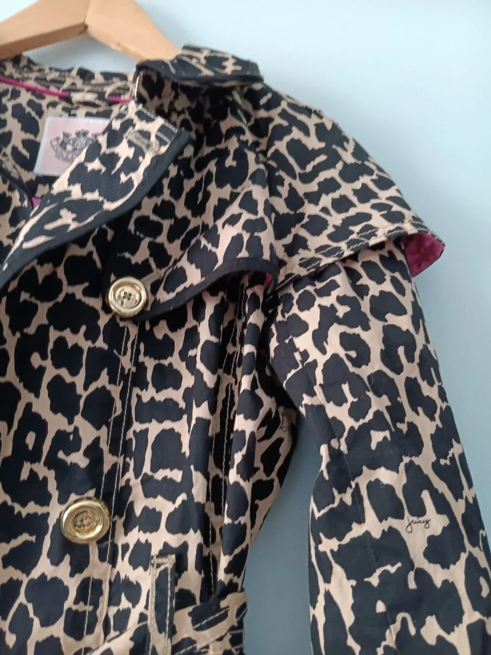 Juicy Couture Girls Leopard Cotton Belted Trench Coat Gold Buttons Long Sleeves